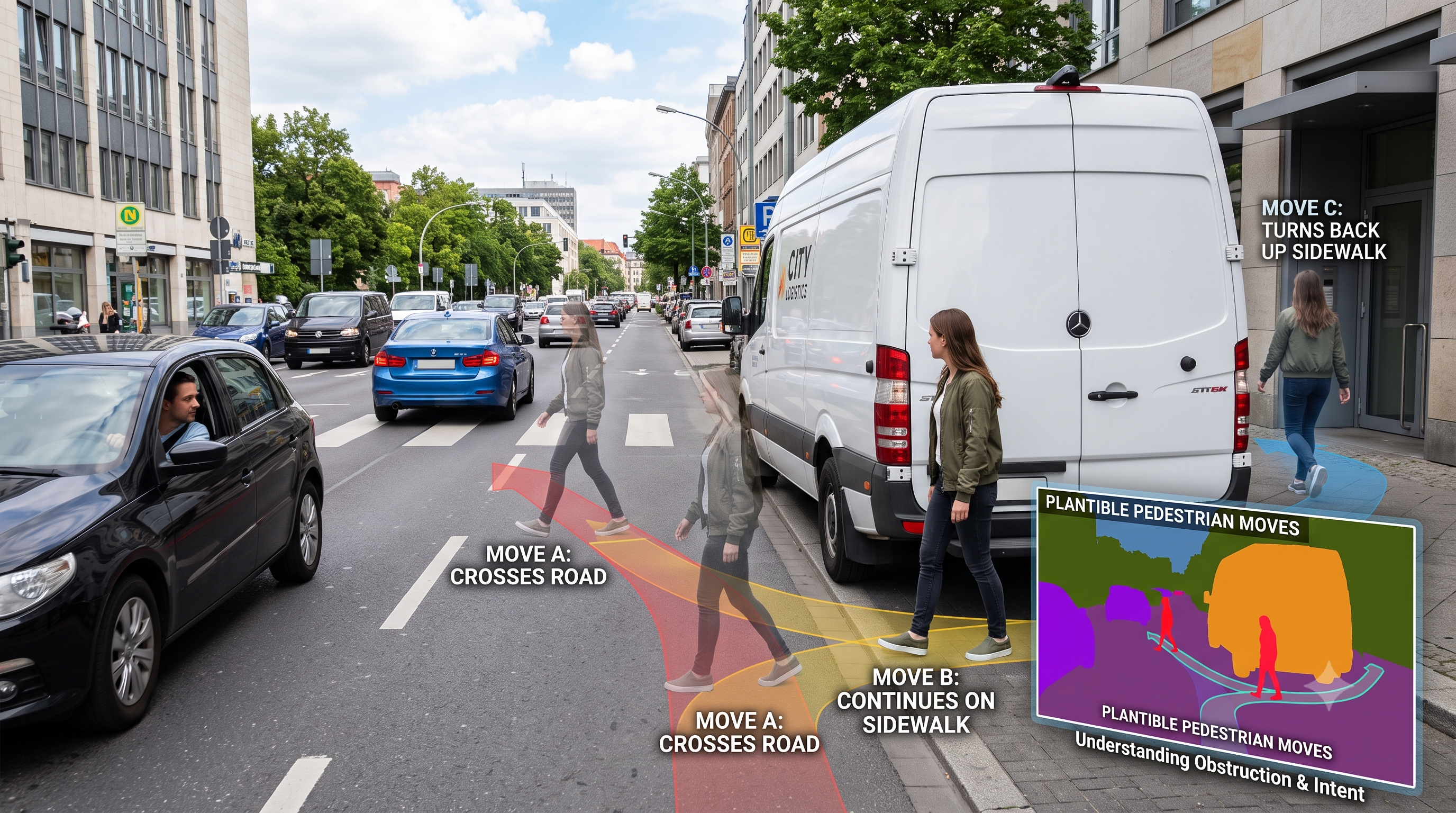 Schematic of a road scene with a partly occluded pedestrian and two divergent predicted paths.